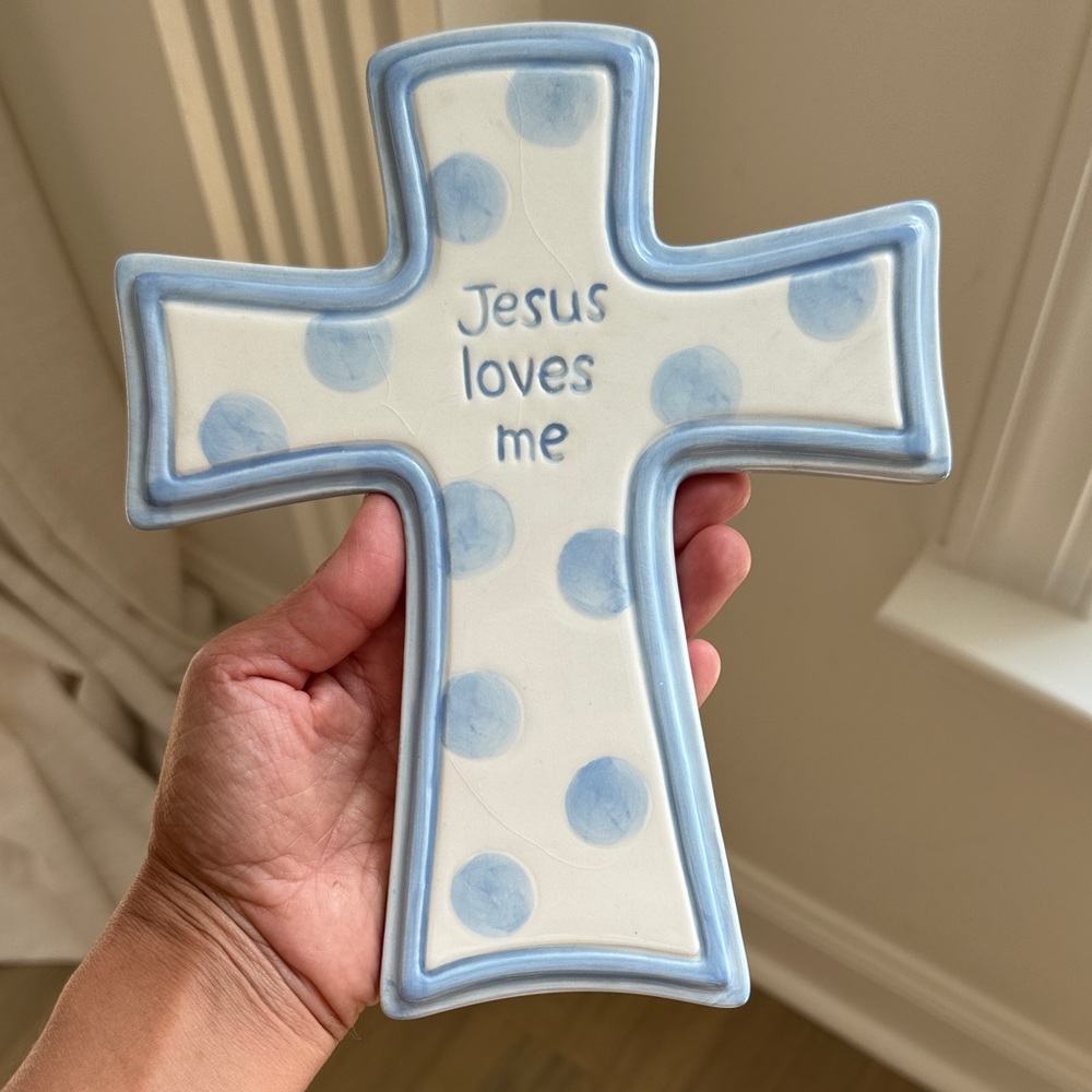 Blue and White Polka Dot Cross Decor “Jesus Loves Me”